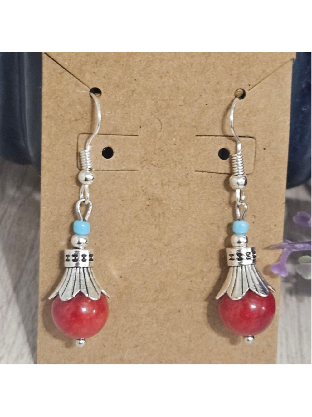 Natural Coral Stone Dangle Handmade Earrings